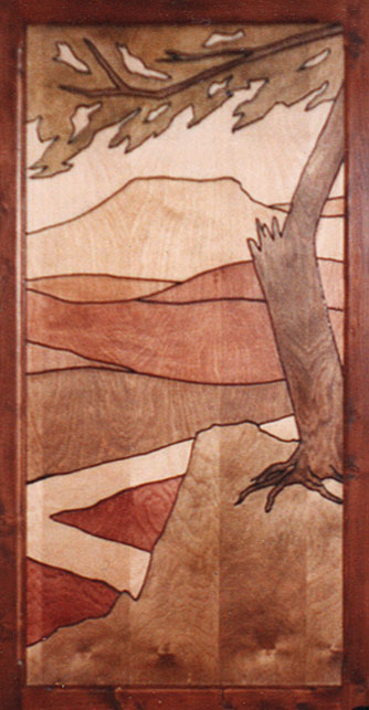 interior door, mountain scene panel detail