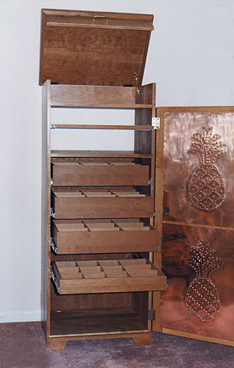 interior of audio cabinet in the style of a pie safe